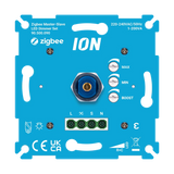 Vooraanzicht van de ION Zigbee Master-Slave LED Dimmer Set (90.500.090), geschikt voor 220-240VAC/50Hz spanningsbereik en een vermogen van 1-200VA, met instelbare MAX, MIN en BOOST knoppen en aansluitpunten voor bedrading.