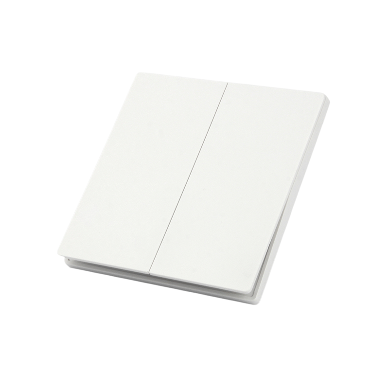 Draadloze witte wandschakelaar met twee knoppen, schuin bovenaanzicht – minimalistisch design voor slimme huisautomatisering.