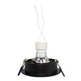 Inbouwspot met GU10 fitting en zwarte ronde afwerking, vooraanzicht met zichtbare klemveren en aansluitdraden.