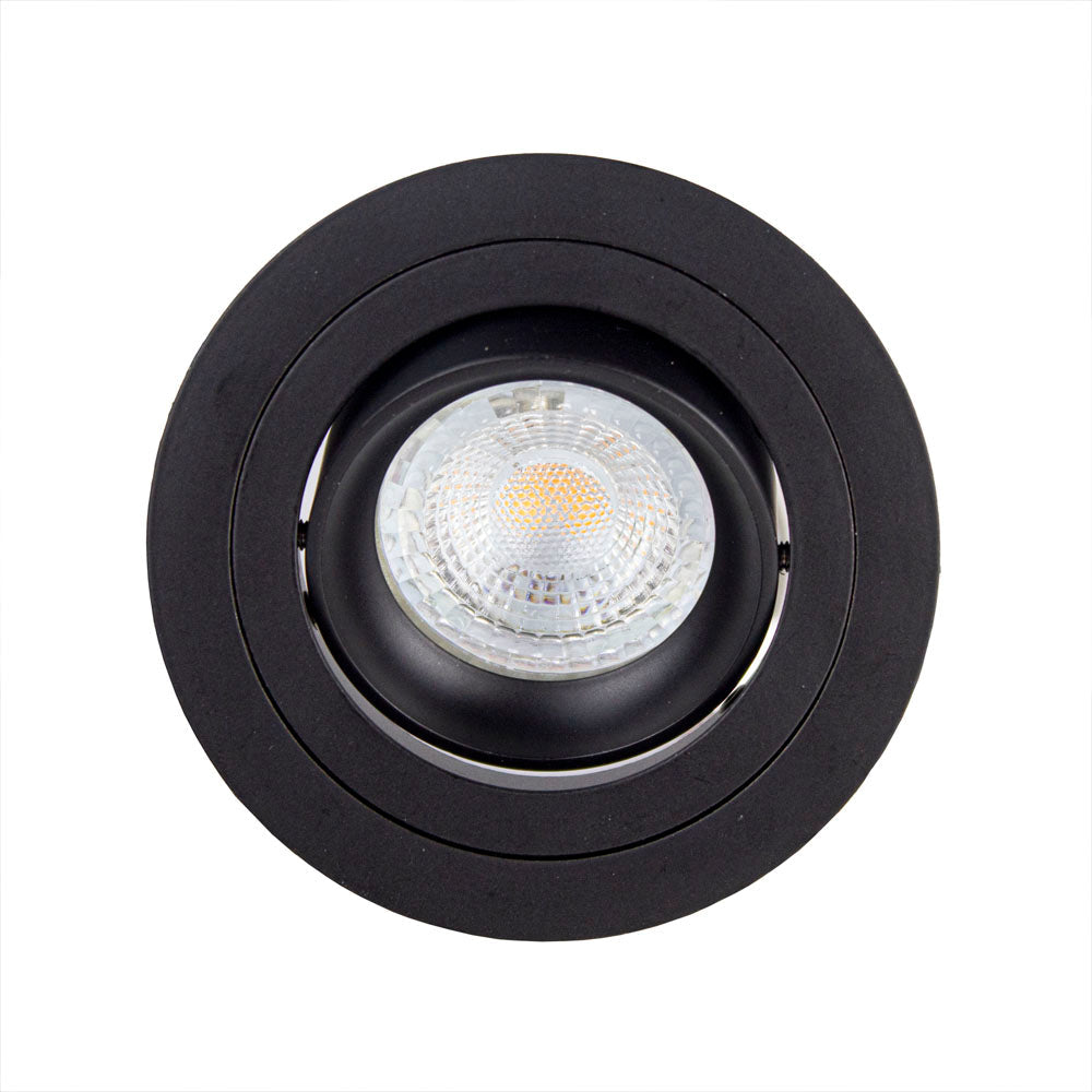 Zwarte ronde inbouwspot LED GU10 met kantelbare fitting, bovenaanzicht van moderne plafondspot voor binnenverlichting.