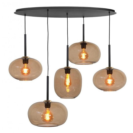 Hanglamp Glazen Zwart Goud Ovaal 5 x E27 fitting Bellini - vooraanzicht hanglamp