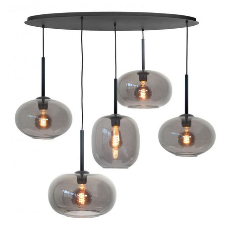 Hanglamp Glazen Zwart Smoked Ovaal 5 x E27 fitting Bellini - vooraanzicht hanglamp