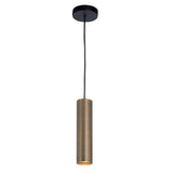 Hanglamp met cilindervormige armatuur in geborsteld messing, modern design, vooraanzicht tegen witte achtergrond.