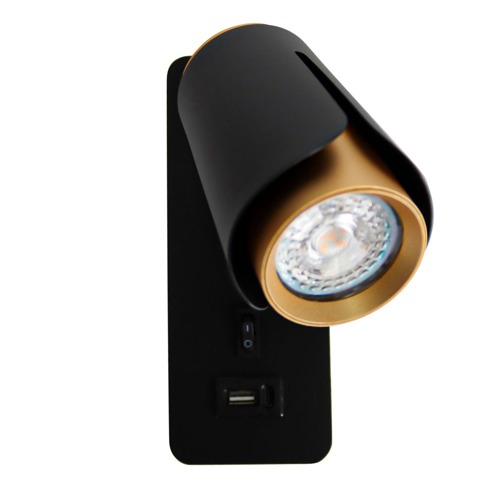 Bedlamp Zwart/ Goud | Tulip | USB+C oplaadpoort | GU10 fitting | Oplaadpoort | Voorperspectief