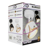 Verpakking van de XUDO GX53 LED wandlamp, weergegeven in een schuine vooraanzicht-hoek met zicht op productinformatie, afbeeldingen van de lamp in zwart en wit, rotatie- en kantelfuncties (350° rotatie en 90° kanteling), en technische specificaties zoals GX53 fitting en IP20 classificatie.