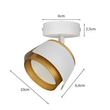 Witte en goudkleurige plafondspot met moderne ronde kap, zijkant aanzicht met afmetingen van 10 cm breed, 6,6 cm hoog en plafondbevestiging van 6 cm diameter en 2,5 cm hoogte, ideaal voor stijlvolle binnenverlichting.