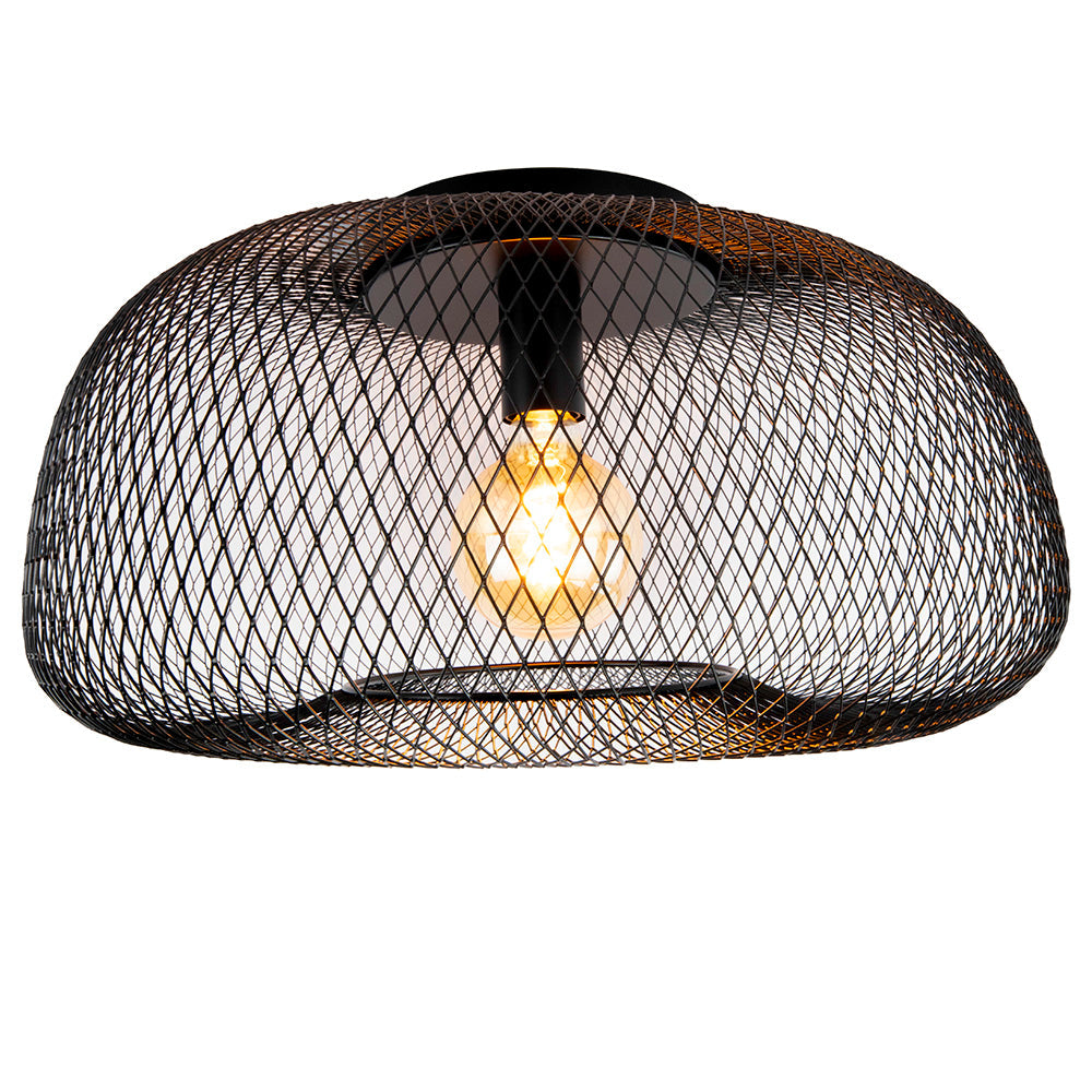 Zwarte Industriële plafondlamp metaal - E27 fitting - 50cm - vooraanzicht met lamp aan