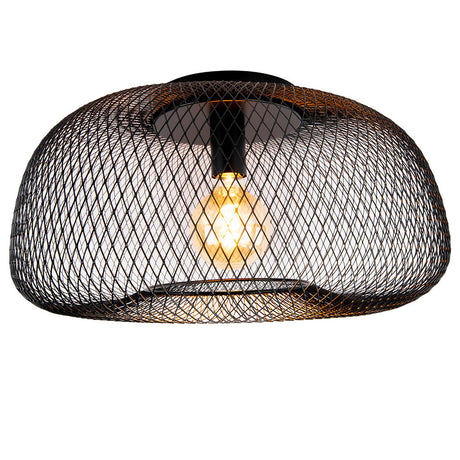 Zwarte Industriële plafondlamp metaal - E27 fitting - 50cm - vooraanzicht met lamp aan