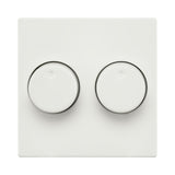 Vooraanzicht van een witte dubbele dimmerknop op een vierkante afdekplaat, geschikt voor wandmontage in een modern interieur.
