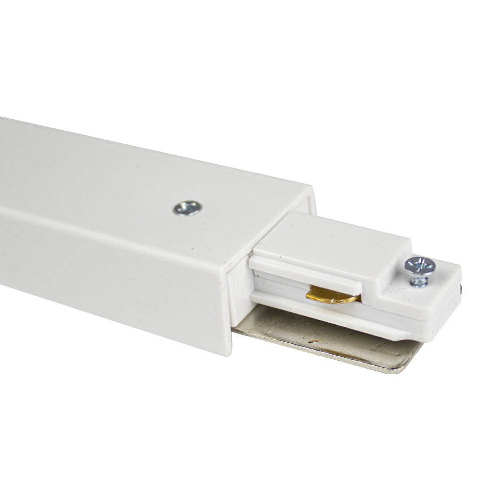 Wit 1-fase railverlichtings eindstuk met stroomvoorziening, bovenaanzicht op de aansluitzijde met metalen contactstrip en schroeven voor bevestiging.