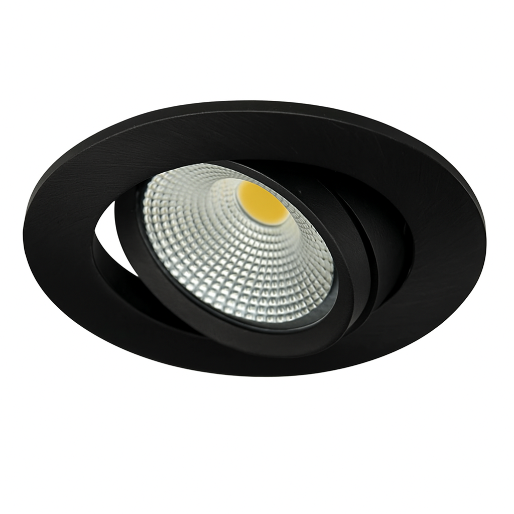 Zwarte ronde inbouwspot LED GU10 kantelbaar – schuine vooraanzicht weergave van moderne dimbare spotverlichting met geribbelde reflector en matte afwerking.