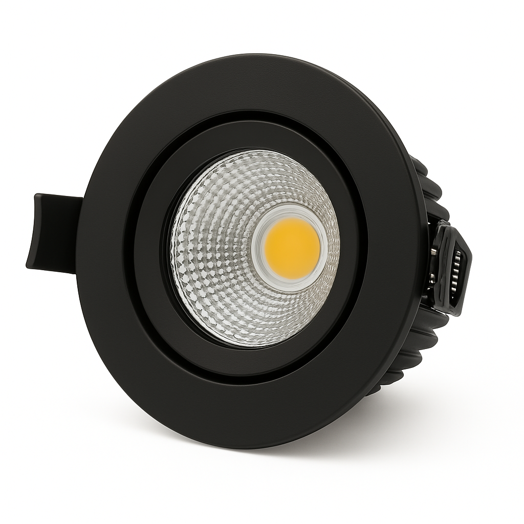 Zwarte LED inbouwspot met ronde afwerking en COB lichtbron, vooraanzicht productafbeelding.