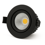Zwarte LED inbouwspot met ronde afwerking en COB lichtbron, vooraanzicht productafbeelding.