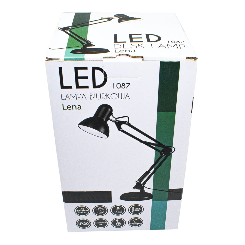 Productverpakking van de LED bureaulamp Lena model 1087, met een zij- en bovenaanzicht van de doos waarop een afbeelding van de verstelbare zwarte bureaulamp te zien is, samen met specificaties en productinformatie.