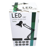 Productverpakking van de LED bureaulamp Lena model 1087, met een zij- en bovenaanzicht van de doos waarop een afbeelding van de verstelbare zwarte bureaulamp te zien is, samen met specificaties en productinformatie.