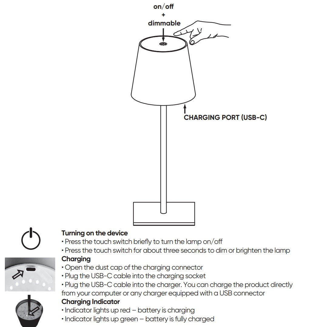 Instructies LED Tafellamp op batterij - oplaadbaar