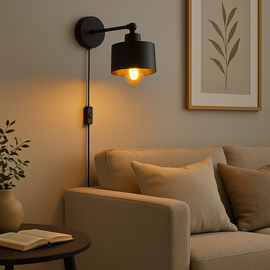 Zwarte wandlamp met industriële uitstraling, gemonteerd boven een beige bank in een sfeervol ingericht interieur; zijaanzicht van de brandende lamp met zichtbaar warm licht en zwart snoer met schakelaar.