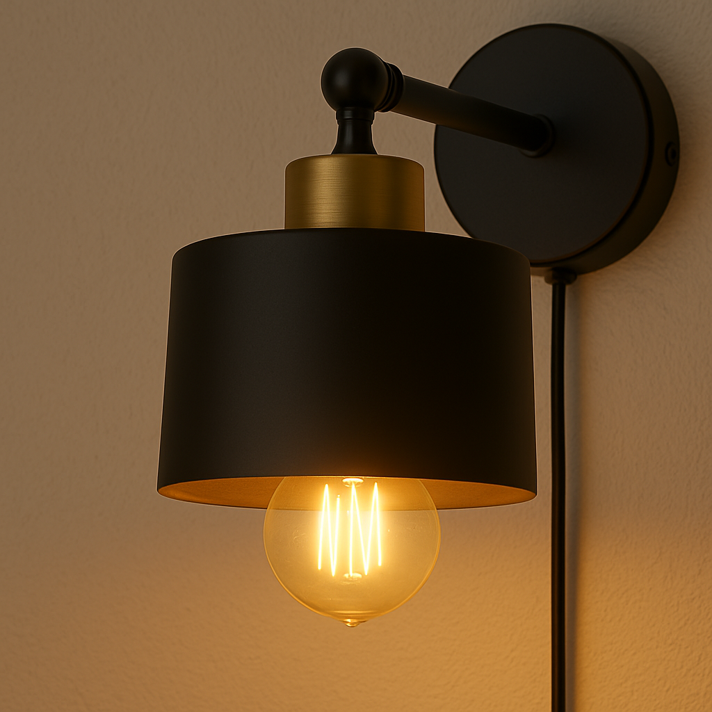 Moderne zwarte wandlamp met messing accenten en zichtbare LED filamentlamp, zijaanzicht tegen een beige muur.