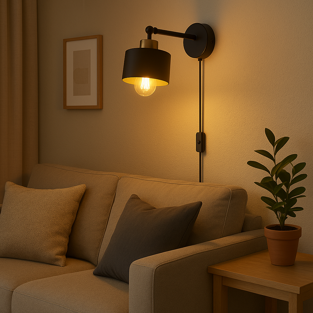 Zijaanzicht van een moderne zwarte wandlamp met zichtbare gloeilamp, gemonteerd boven een beige bank in een sfeervol verlichte woonkamer met neutrale kleuren en minimalistisch interieur.