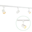 Wit 3-fase railverlichtingssysteem met verstelbare LED spots, zijaanzicht met close-up detail van een enkele spot in uitgelichte cirkel.