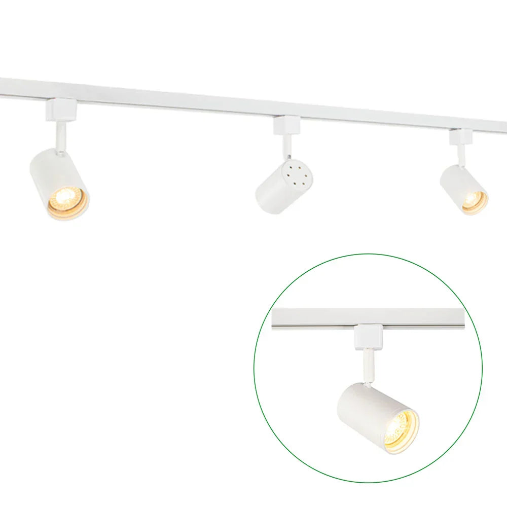 Wit 3-fase railverlichtingssysteem met verstelbare LED spots, zijaanzicht met close-up detail van een enkele spot in uitgelichte cirkel.