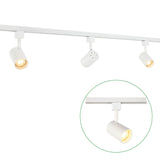 Wit 3-fase railverlichtingssysteem met verstelbare LED spots, zijaanzicht met close-up detail van een enkele spot in uitgelichte cirkel.