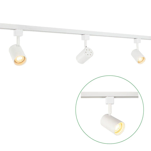 Wit 3-fase railverlichtingssysteem met verstelbare LED spots, zijaanzicht met close-up detail van een enkele spot in uitgelichte cirkel.