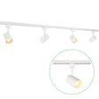 Wit 1-fase railspot armatuur met moderne cilindervormige spots, geschikt voor GU10 lichtbronnen, zijaanzicht met detailweergave van een enkele spot in werking.