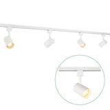 Wit 1-fase railspot armatuur met moderne cilindervormige spots, geschikt voor GU10 lichtbronnen, zijaanzicht met detailweergave van een enkele spot in werking.