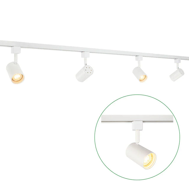 Wit 1-fase railspot armatuur met moderne cilindervormige spots, geschikt voor GU10 lichtbronnen, zijaanzicht met detailweergave van een enkele spot in werking.