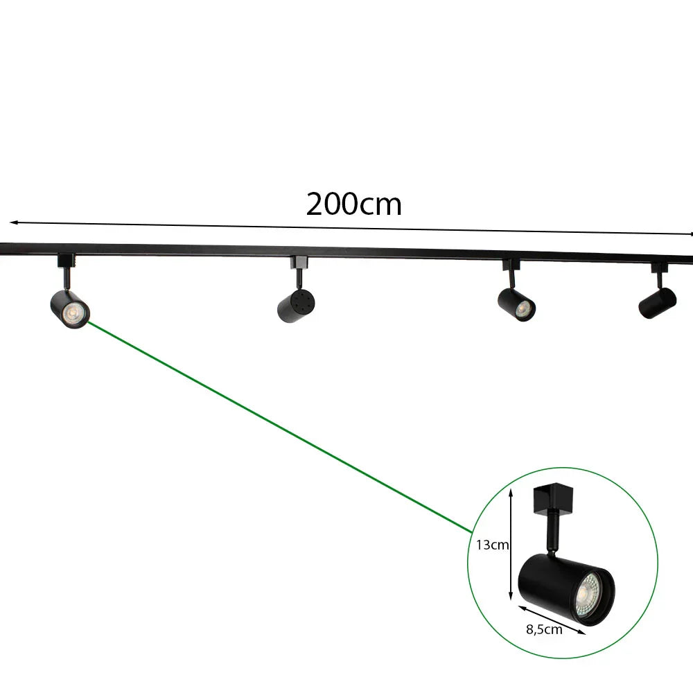 Zwarte railspot verlichting 200cm met verstelbare LED spots, vooraanzicht met ingezoomde detailweergave van één spot inclusief afmetingen (13cm hoog, 8,5cm breed).