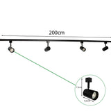 Zwarte railspot verlichting 200cm met verstelbare LED spots, vooraanzicht met ingezoomde detailweergave van één spot inclusief afmetingen (13cm hoog, 8,5cm breed).