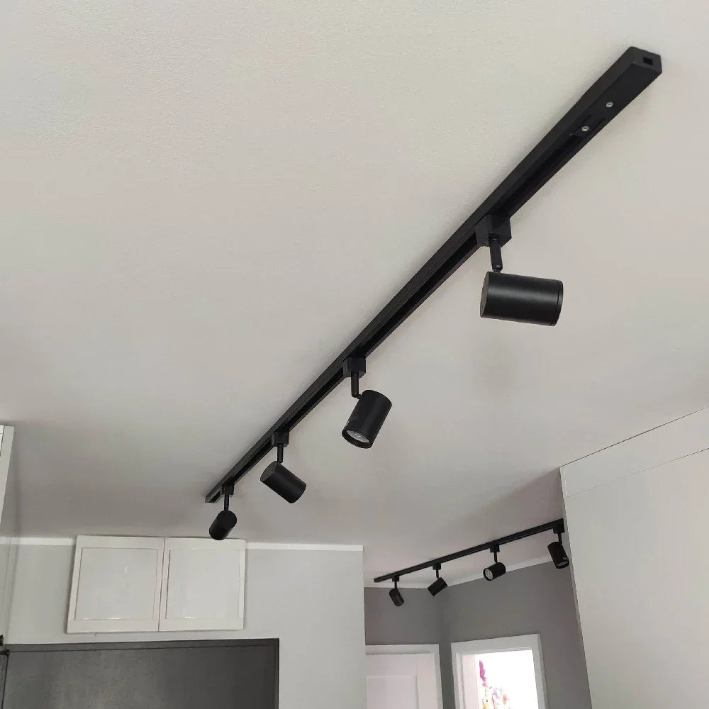 Zwart plafondrailsysteem met verstelbare cilindervormige spotlampen, gemonteerd aan het plafond in een moderne interieursetting, gezien vanuit een diagonaal onderaanzicht.