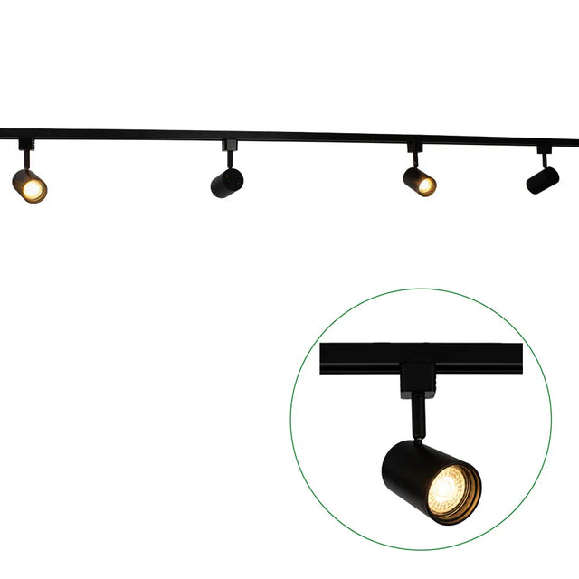 Zwart railverlichting systeem met vier verstelbare LED spots in moderne cilinder vorm, getoond in frontaal aanzicht met een detailweergave van een enkele brandende spot.