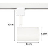 Witte railspot cilinder design 1-fase – zijaanzicht met afmetingen 13 cm hoog, 8,5 cm breed en 5,5 cm diameter.