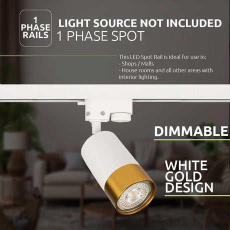 LED 1-fase railspot wit met goud dimbaar gu10 fitting -design