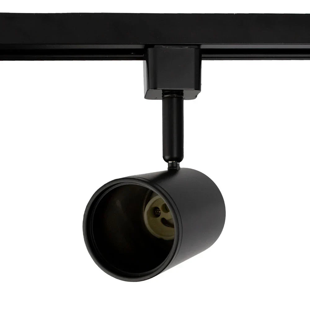 Zwart metalen railspot cilinder GU10 gemonteerd op railsysteem, vooraanzicht met zicht op fitting van de lamp.