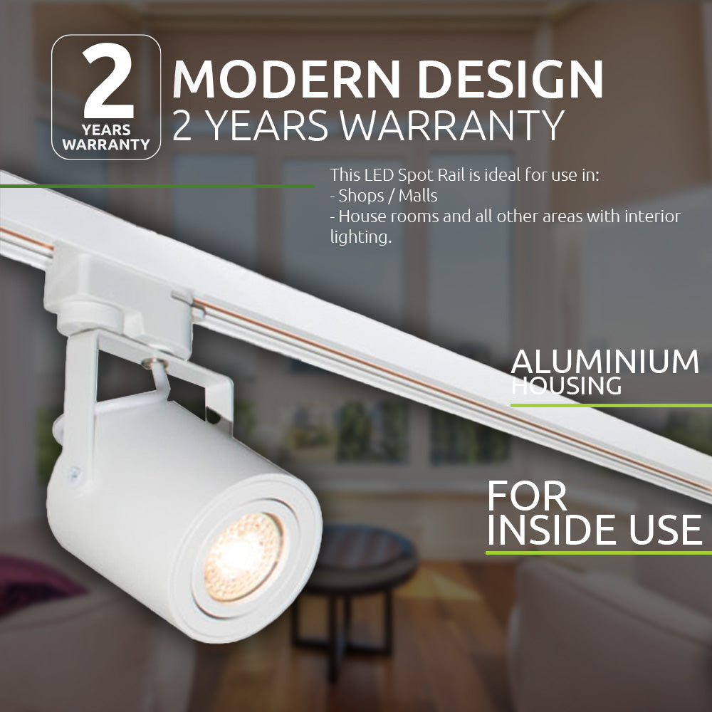 Wit aluminium LED spot rail armatuur voor binnengebruik, gemonteerd aan een plafondrail – vooraanzicht, geschikt voor winkels, woonkamers en andere interieurtoepassingen, met 2 jaar garantie.