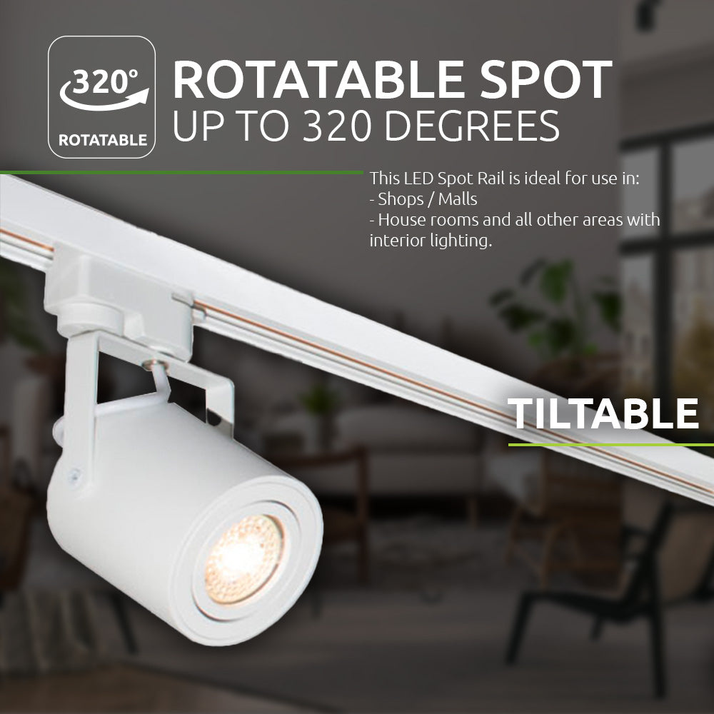 Witte LED railspot met verstelbare, kantelbare en 320 graden roteerbare spot, gemonteerd aan een plafondrail, voor gebruik in winkels, woonruimtes en andere interieurlocaties – frontaal zijaanzicht.
