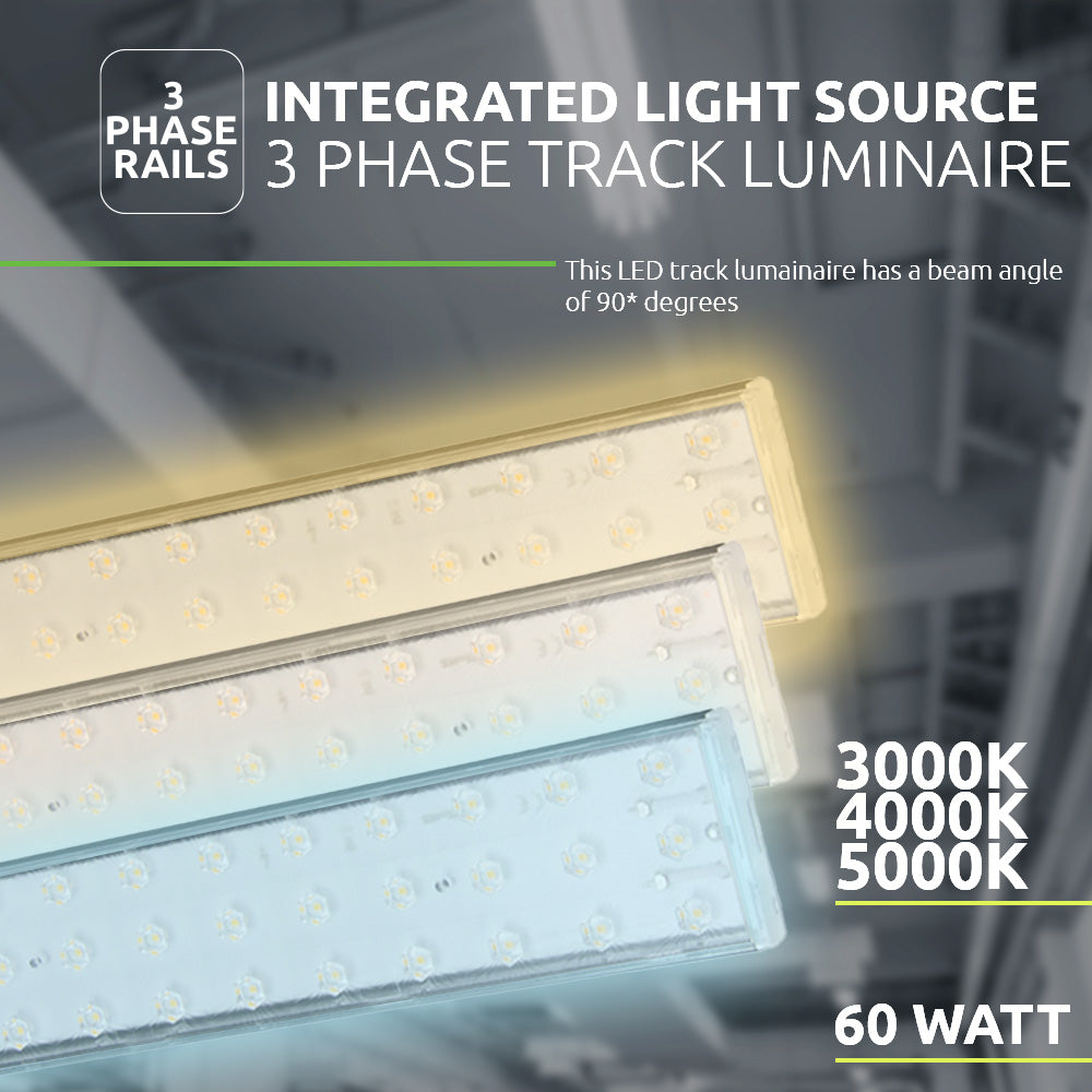 Close-up zijaanzicht van een 3-fase LED railverlichting armatuur met geïntegreerde lichtbron, beschikbaar in kleurtemperaturen van 3000K, 4000K en 5000K, met een vermogen van 60 watt en een straalhoek van 90 graden.