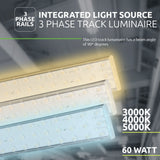 Close-up zijaanzicht van een 3-fase LED railverlichting armatuur met geïntegreerde lichtbron, beschikbaar in kleurtemperaturen van 3000K, 4000K en 5000K, met een vermogen van 60 watt en een straalhoek van 90 graden.