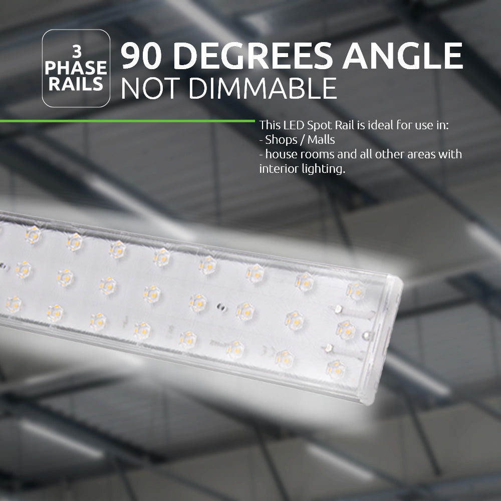 LED spot rail voor 3-fase rails met 90 graden stralingshoek, niet dimbaar, ideaal voor winkels, winkelcentra en woonruimtes; schuinaanzicht van het product tegen een industriële plafondomgeving.