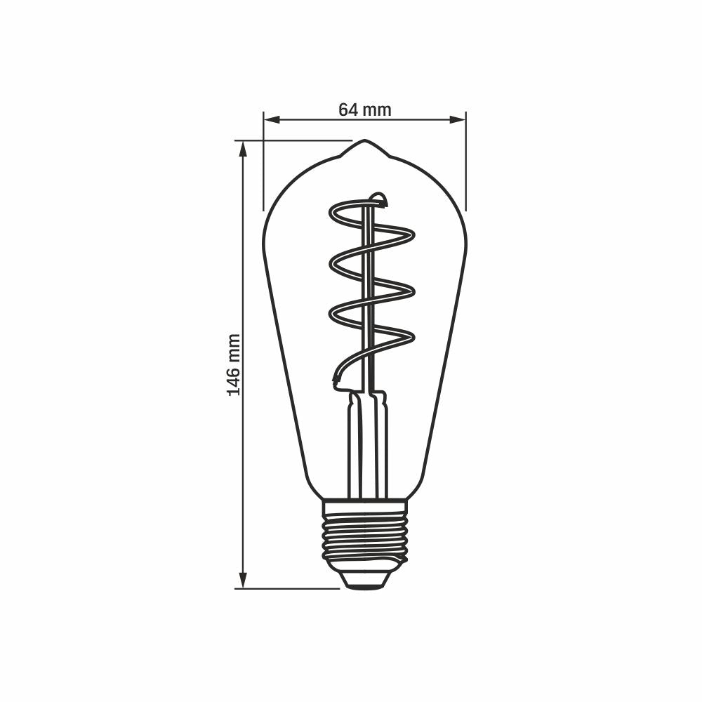 Technische tekening van een decoratieve LED filamentlamp in ST64 Edison vorm met zicht op het vooraanzicht, inclusief afmetingen van 146 mm hoogte en 64 mm diameter.