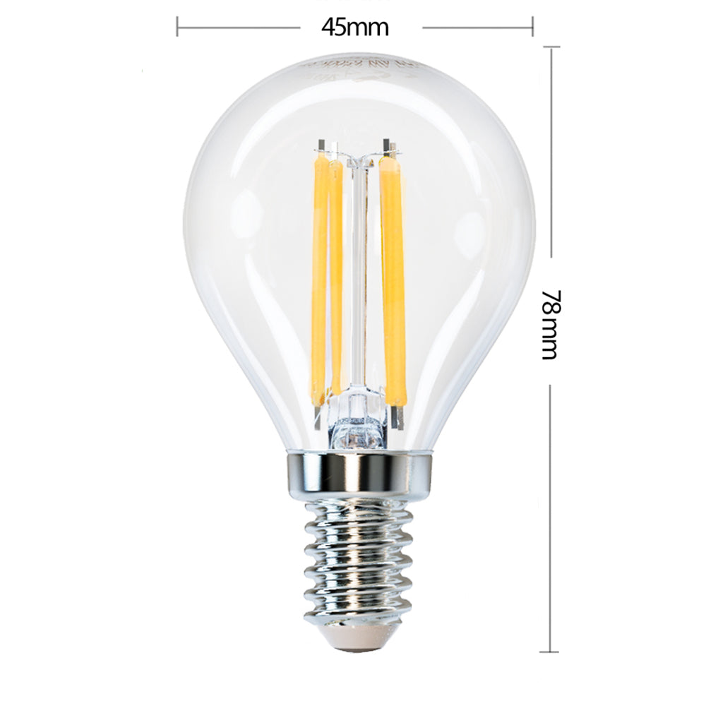 LED filament lamp met E14 fitting, 4W vermogen, heldere glazen bol met zichtbare filamenten, vooraanzicht met afmetingen 78mm hoog en 45mm breed.