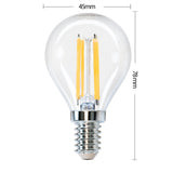 LED filament lamp met E14 fitting, 4W vermogen, heldere glazen bol met zichtbare filamenten, vooraanzicht met afmetingen 78mm hoog en 45mm breed.