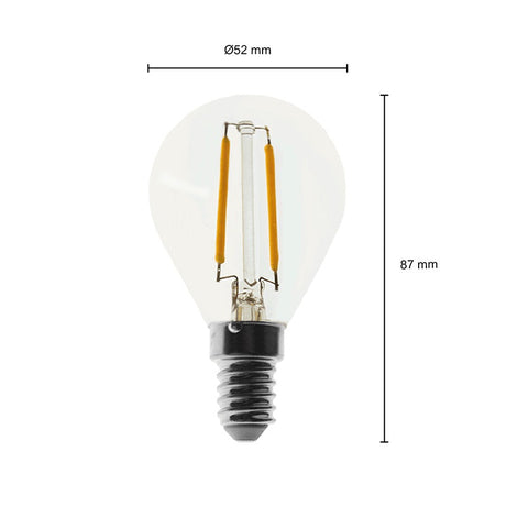 LED Filament bol lamp 2W - Dimbaar - E14 - 2200K - Extra warm wit - afmetingen