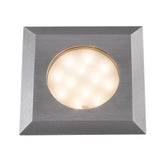 Vierkante LED inbouwspot met geborsteld aluminium frame en ronde lichtbron, bovenaanzicht. Ideaal voor moderne interieurverlichting.