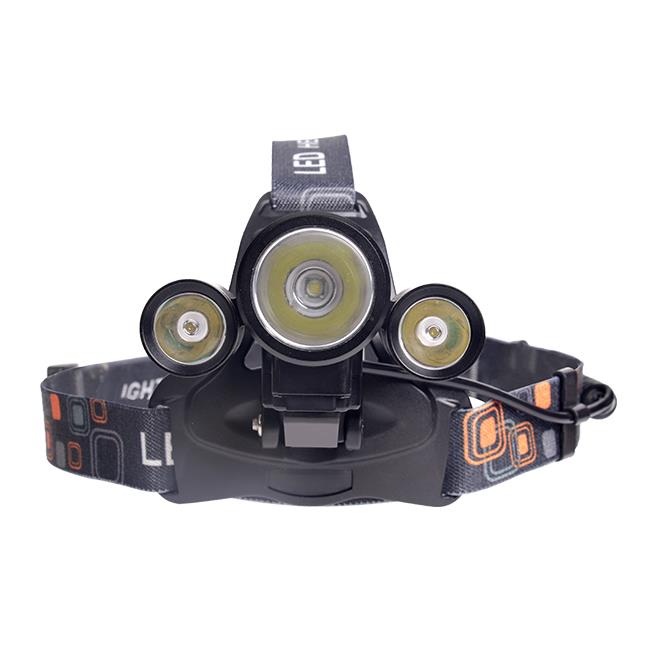 LED hoofdlamp met drie krachtige verstelbare lampen en elastische hoofdband, vooraanzicht.