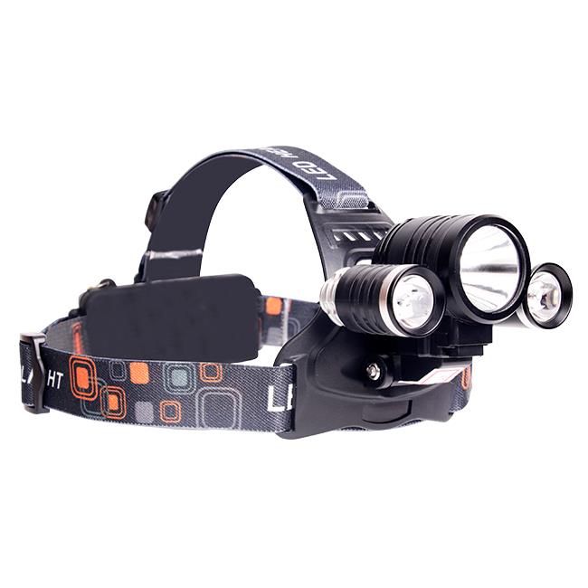 LED hoofdlamp met drie verstelbare lenzen en elastische hoofdband, schuin vooraanzicht.