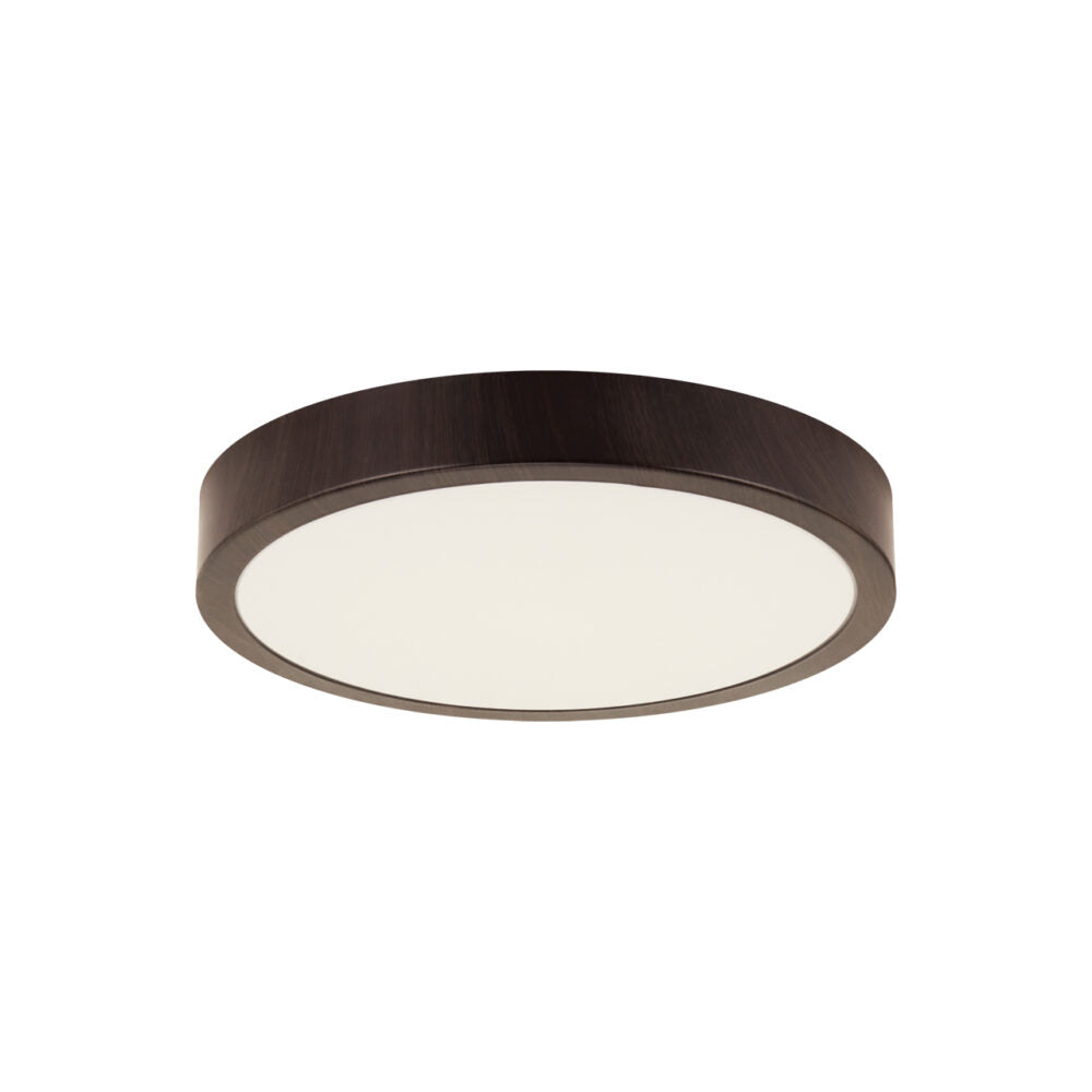 Ronde LED plafondlamp met donkerbruine houten rand en matte witte diffuser, schuin perspectief van onderen.